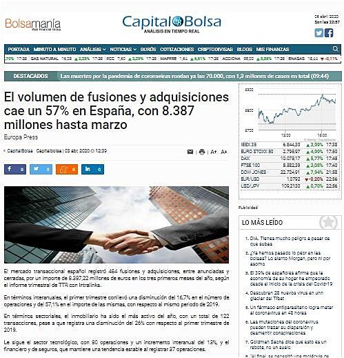 El volumen de fusiones y adquisiciones cae un 57% en Espaa, con 8.387 millones hasta marzo